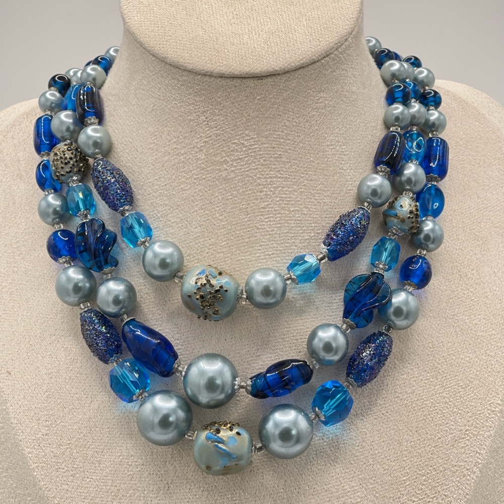 Vintage 1960s Japan Blue Art Glass & Faux Pearl Triple-Strand Statement Necklace